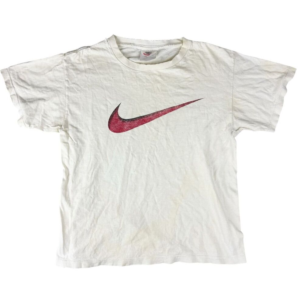 Nike Mens Vintage 90s Big Swoosh Graphic T-Shirt Thrashed Thin Grunge White Sz L